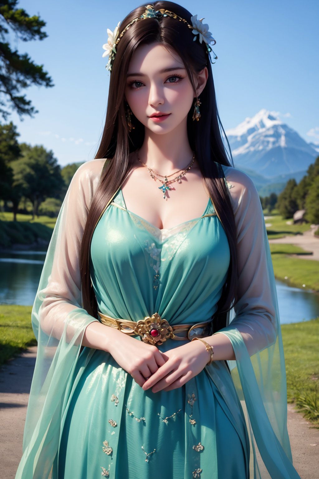 (best quality:1.4),(masterpiece:1.4),(8K:1.4),(extremely detailed:1.4),1girl,solo,see-through,dress,long hair,necklace,jewelry,breasts,sky,hair ornament,outdoors,scenery,