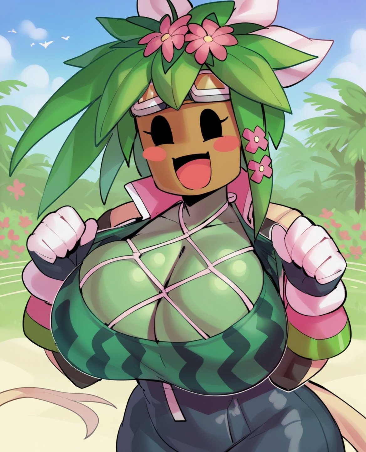 score_9, score_8_up, score_7_up, score_6_up, score_5_up, score_4_up, source_furry, (by shq:1.15), kanna \(blaster master\), elemental creature, elemental humanoid, flora fauna, humanoid, plant humanoid, accessory, big breasts, blush, blush stickers, breasts, cleavage, cleavage overflow, clothed, clothing, female, floral, flower, flower \(anatomy\), flower accessory, flower hair accessory, flower pot, for a head, goggles, green body, green skin, hair accessory, handwear, head flower, jacket, leaf, leaf hair, non-mammal breasts, not furry, plant, plant hair, pseudo hair, solo, tight clothing, topwear, watermelon pattern, (simple eyes, simple face, looking at viewer:1.3), detailed background, outside, garden, looking at viewer, wide hips, huge hips, fishnet, fishnet topwear, <lora:kanna_pdxl_:1>, rear view, tail, long tail, cow tail, open mouth, hand up, excited, happy, cheering, 