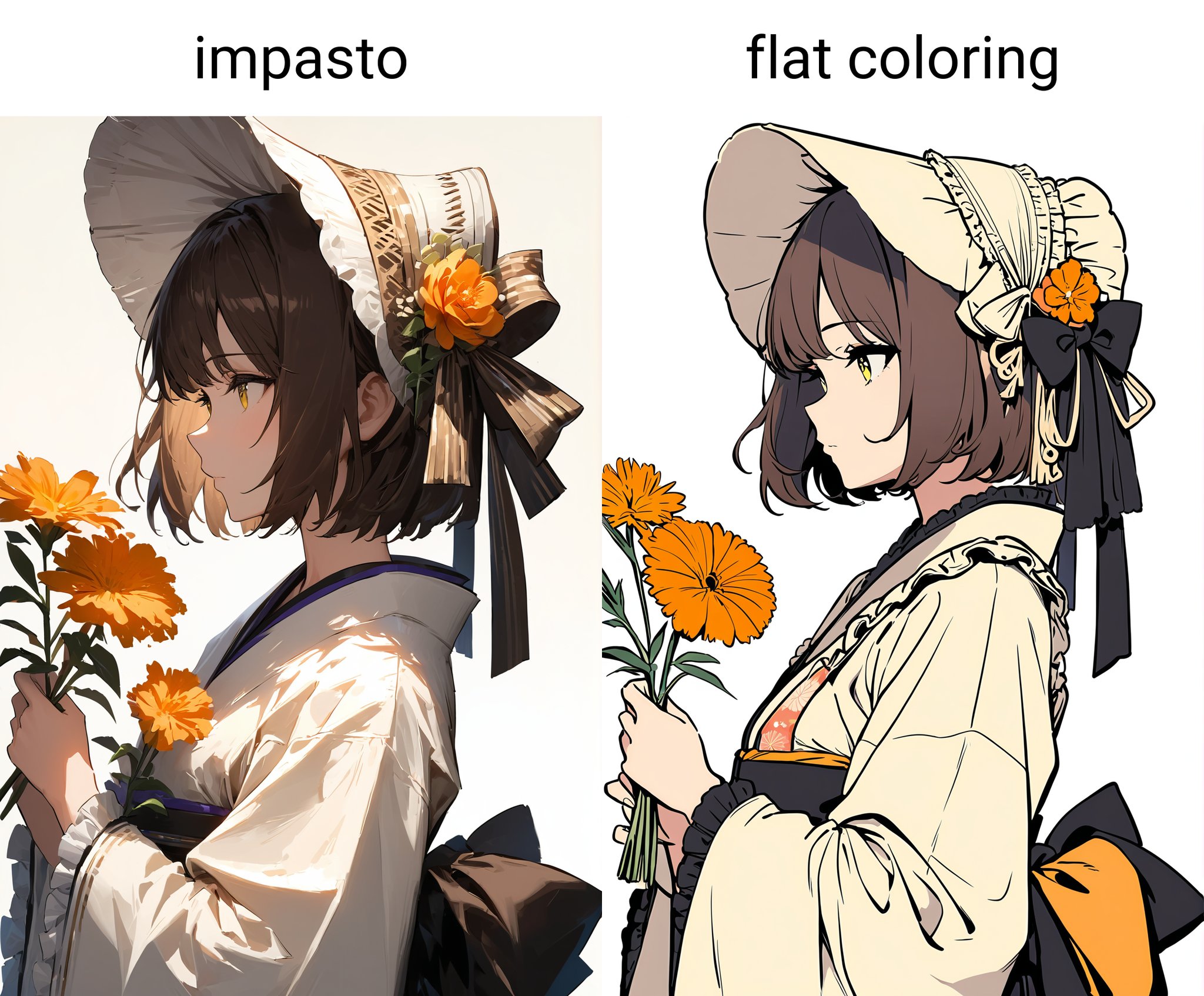 masterpiece,impasto,1girl, solo, flower, japanese clothes, holding, holding flower, kimono, upper body, white background, bonnet, long sleeves, from side, bow, wide sleeves, profile, frills, closed mouth, frilled sleeves, short hair, simple background, cropped torso, orange flower, yellow eyes, hands up, brown hair