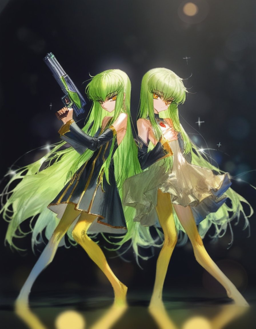 (by quasarcake:1.1), watercolor \(medium\), 2girls, clone, holding gun, c.c., code geass, armpit crease, bare shoulders, black background, black sleeves, bokeh, depth of field, detached sleeves, dress, green hair, long hair, long sleeves, looking at viewer, messy hair, skinny, sparkle, full body, yellow eyes