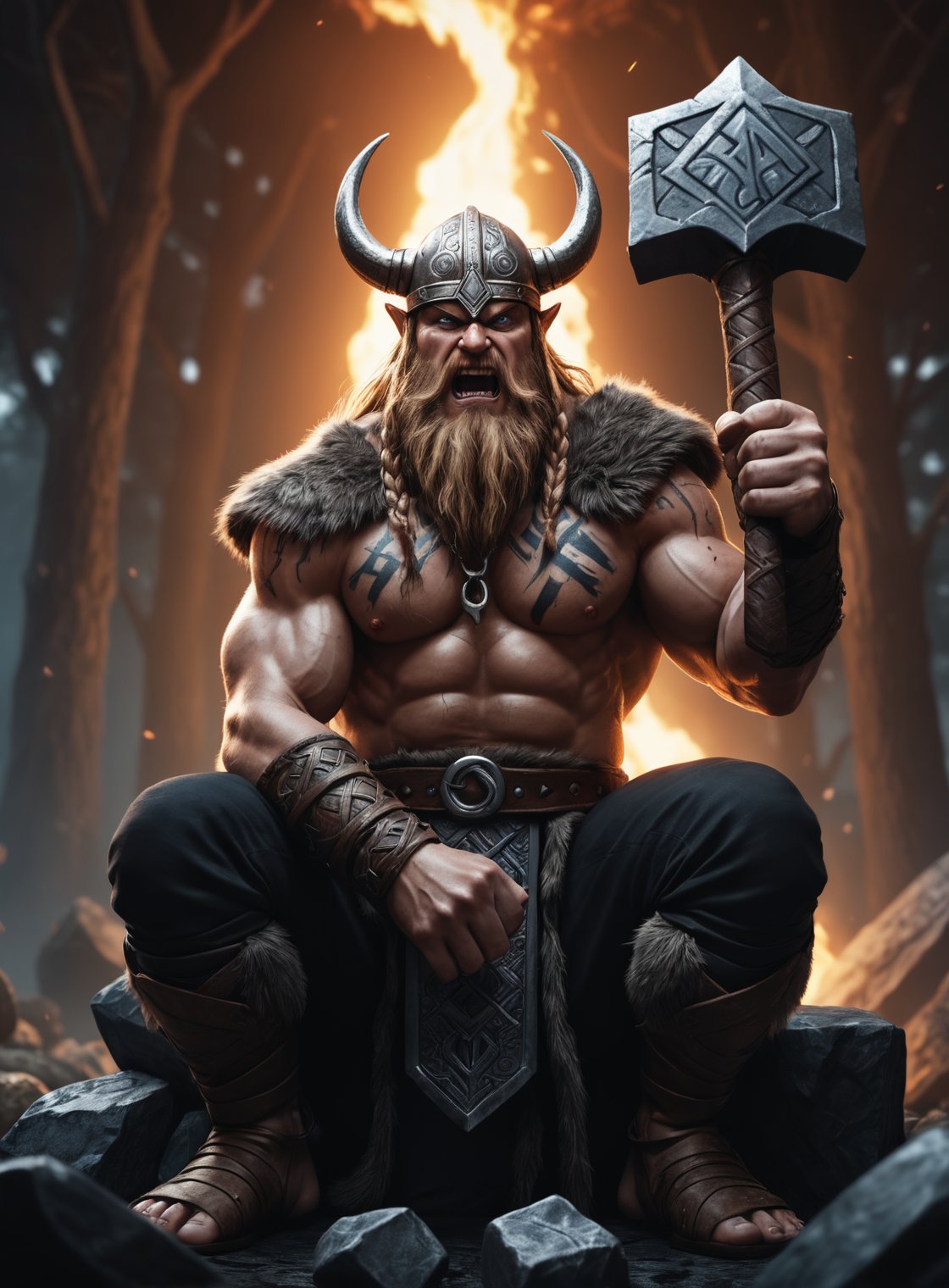 (Closeup an angry viking holding Mjolnir sitting near Yggdrasil epic pose epic light glowing runes), illustration, fisheye lens, high contrast, highly detailed, sharp focus, digital painting, 3 d art, illustration, trending on artstation