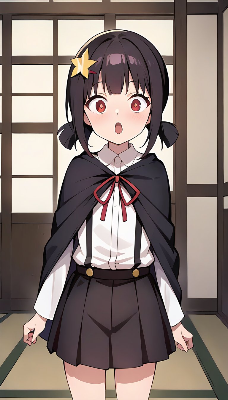 masterpiece, 1girl, black hair, komekko, red eyes, black hair, petite, long sleeves, dress shirt, suspender skirt, black skirt, red ribbon, black cape, facing viewer, looking at viewer, cowboy shot, indoors, japanese house, surprised, !, !!,  , anime coloring,  <lora:KomekkoPONYXL:0.7>