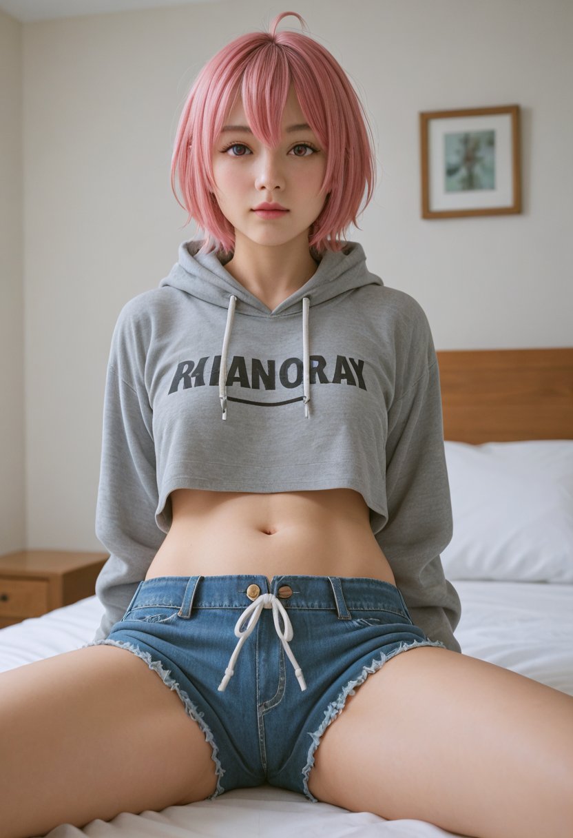 score_9, score_8_up, score_7_up, score_6_up, BREAK , source_real, raw, photo, realistic,  BREAK, from below, 1girl, solo, looking at viewer, short hair, bangs, bedroom, long sleeves, detailed background, navel, hair between eyes, sitting, closed mouth, pink hair, ahoge, thighs, shorts, barefoot, midriff, hood, pink eyes, stomach, crop top, short shorts, bare legs, hoodie, underboob, wariza, hair intakes, hood down, denim, denim shorts, drawstring, open fly, crop top overhang, black hoodie, cutoffs, grey shorts, grey hoodie, cropped hoodie