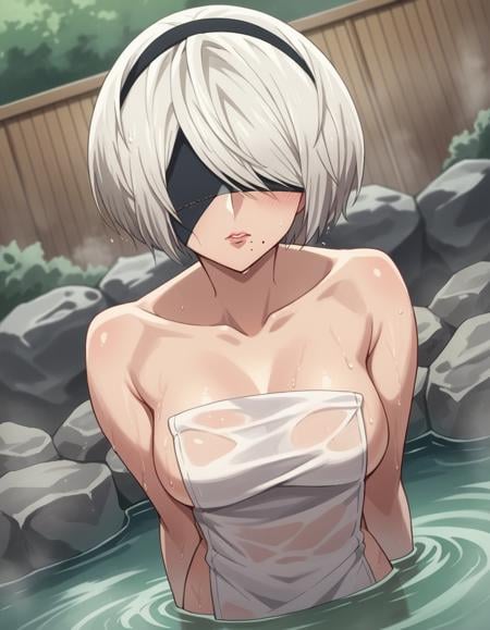 score_9, score_8_up, score_7_up, source_anime,2b, <lora:2b-s1-ponyxl-lora-nochekaiser:1>,2b, yorha no. 2 type b, short hair, white hair, hairband, mole, black hairband, mole under mouth, blindfold, covered eyes, black blindfold,nude, naked, outdoors, onsen, towel, naked towel, steam, bathing, nude cover, partially submerged, water, bath, steam censor, wet towel, blush,solo, dutch angle, looking at viewer, cowboy shot,