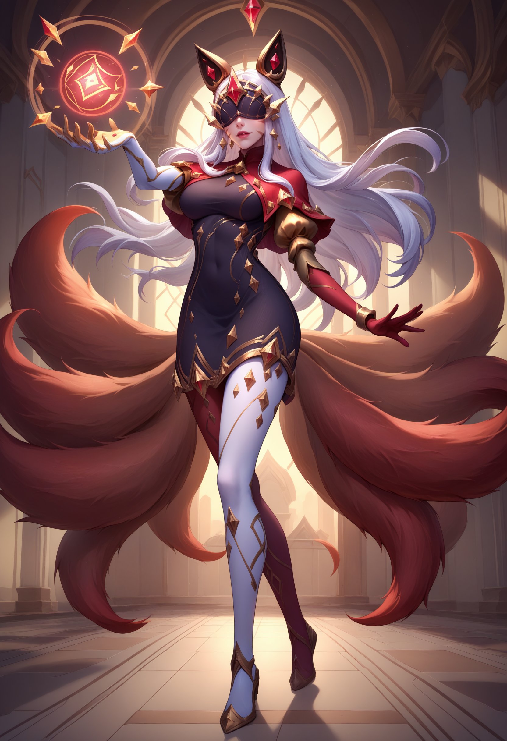 score_9, score_8_up, score_7_up, Ahriarcana, animal ears, facial mark, multiple tails, long hair, white hair, large breasts, eye mask, covered eyes, jewelry, earrings, black Dress, capelet, gold trim, puffy sleeves, elbow gloves, asymmetrical gloves, red gloves, white gloves, asymmetrical legwear, red legwear, white legwear, pantyhose, <lora:Ahri_Arcana_pdxl_Incrs_v1:1>, dynamic pose, indoors, seductive smile, full body, stance, energy ball, 