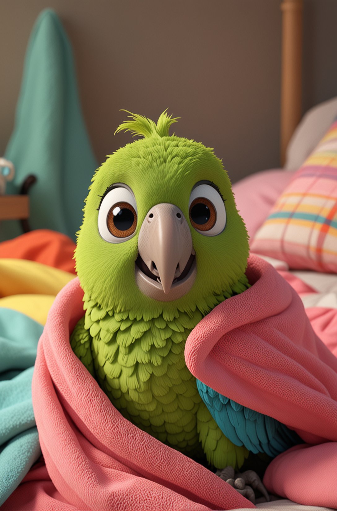 Cute cartoon style of a adorable little colourful Parrot, snuggled, curled up, smiling, sleeping with a little blanket, tiny bedroom, on a bed under the blanket, ethereal, soft, detailed, beautiful, cosy, cute, Pixar, snoozing, 3D render, UHD