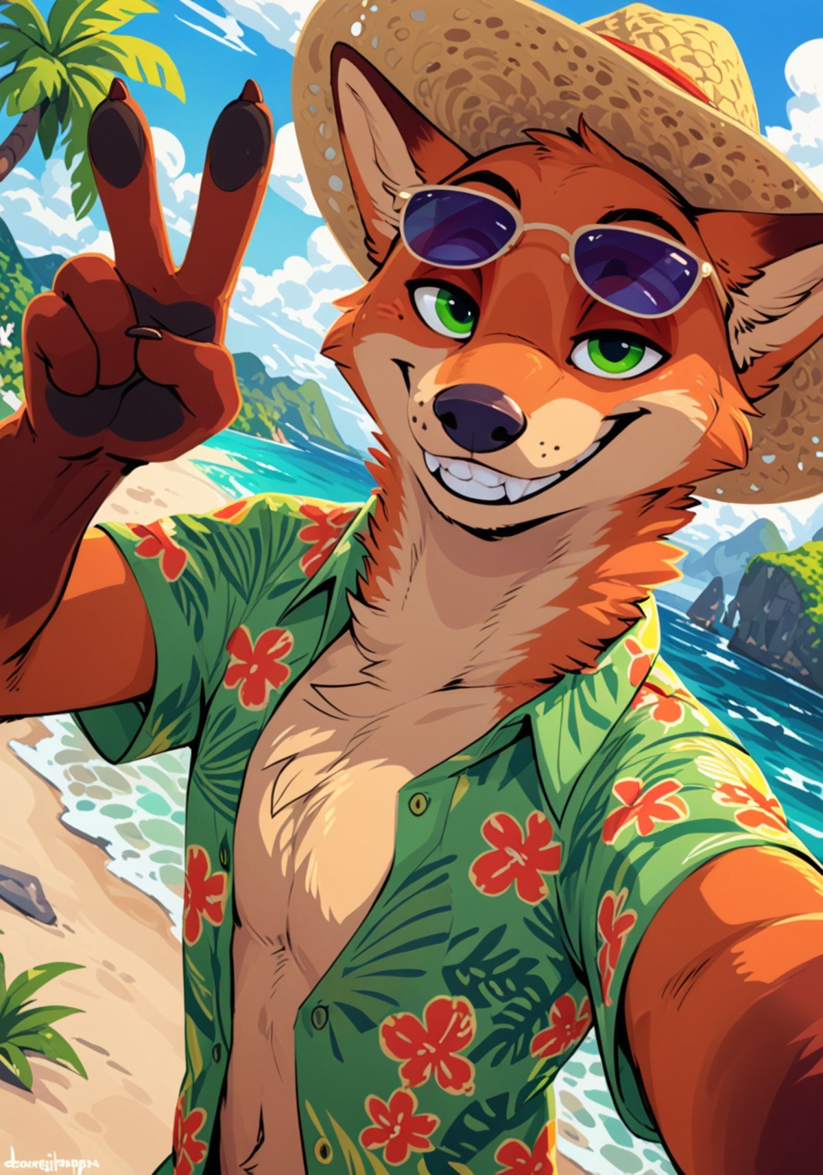 solo nick wilde, bedroom eyes, sunglasses, straw hat, aloha shirt, green eyes, portrait, selfie, smile, teeth, v sign, BREAK, by Danji-Isthmus, by Dangpa, by M.W. Kaluta, island, town, summer day, beach, plant, water