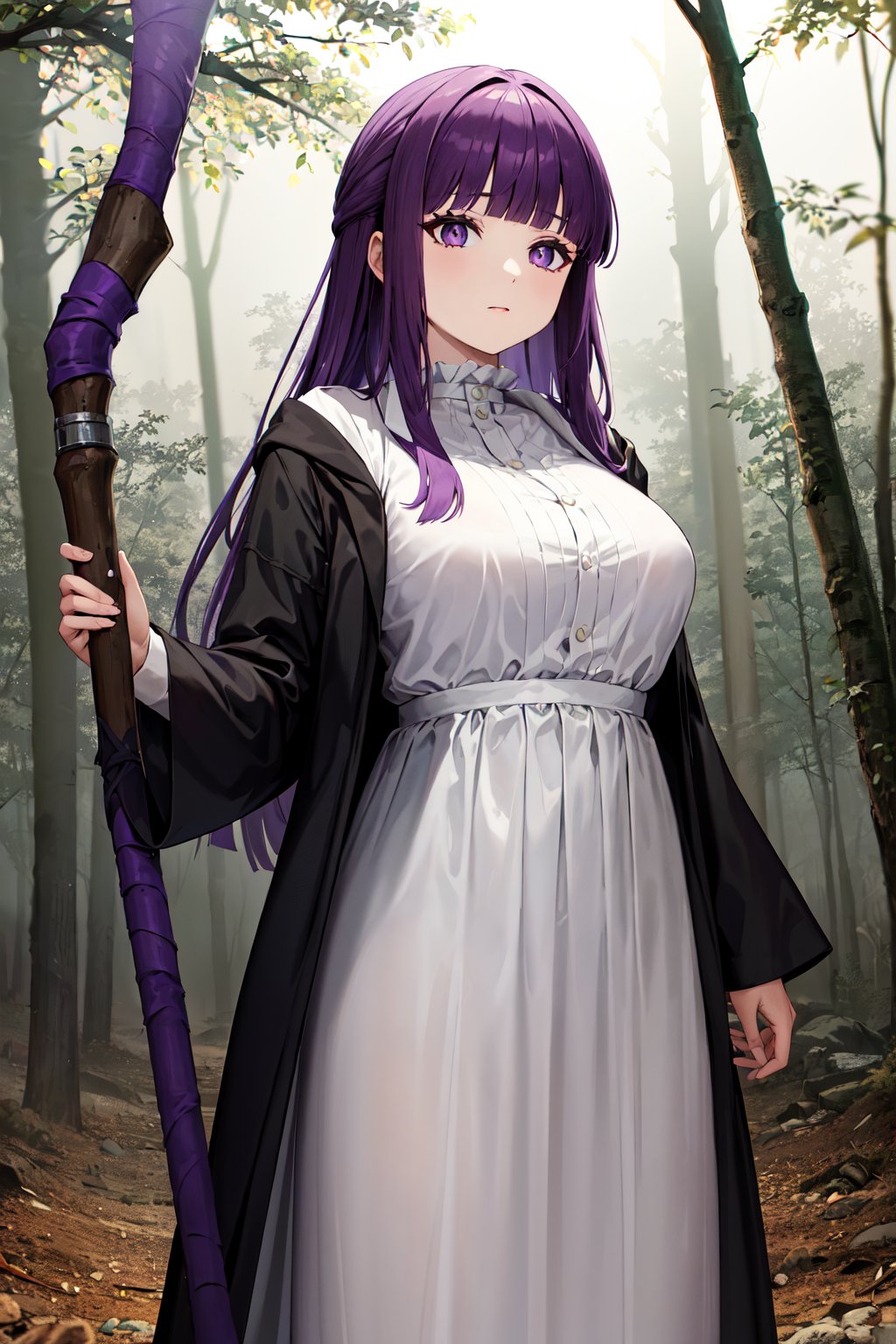 masterpiece, best quality, highres, aafern, long hair, purple hair, blunt bangs, purple eyes, large breasts, long dress, white dress, black robe, long sleeves, <lora:fern_(sousou_no_frieren)_v1:0.7>, standing, holding staff, forest, cowboy shot, 