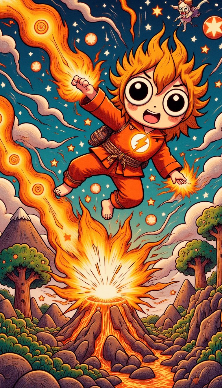 The Human Torch, an androgynous being composed of iridescent flames, soars above a mystical, glowing forest, their fiery form leaving a trail of embers as they fly. As they descend, the Human Torch unleashes a blast of flames that ignite a dormant volcano, causing a kaleidoscope of colors to dance across the darkening sky.