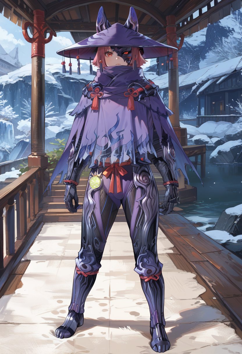 source_furry,(score_9:0.9),score_8_up,score_7_up,rating_safe,anime style,(zPDXL),<lora:Ex Odogaron Armor ponyXL v1.2:0.78>,ex odogaron armor,purple headwear,purple mask,purple gloves,purple cape,purple pants,purple knee boots,glowing,solo,standing,1girl,red eyes,indoors,full body,ice,snow,looking at viewer,pink hair,purple animal ears,one eye covered,short hair,outdoors,