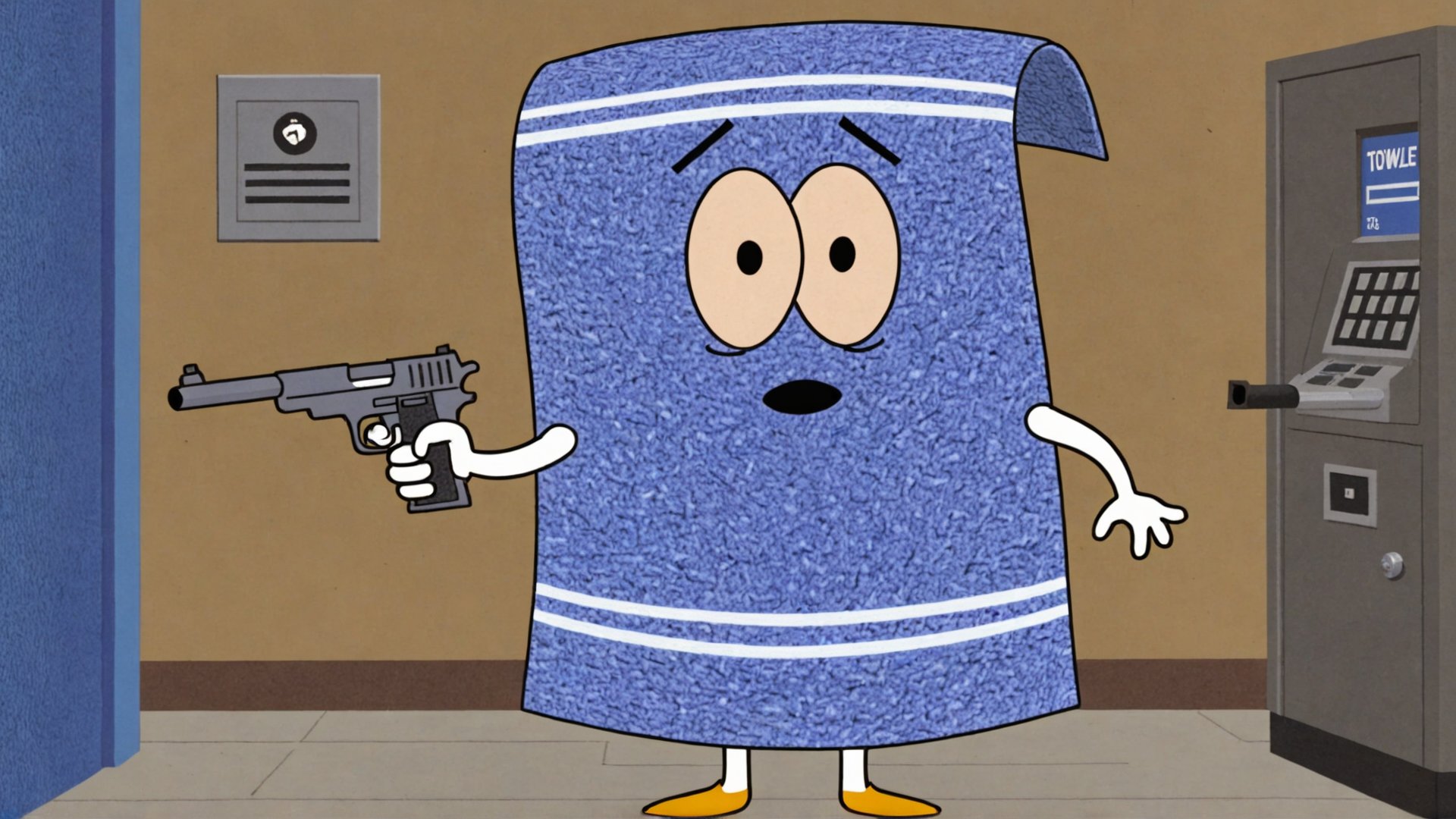Photo of Towelie with a gun robbing a bank <lora:Towelie_v420:0.8>