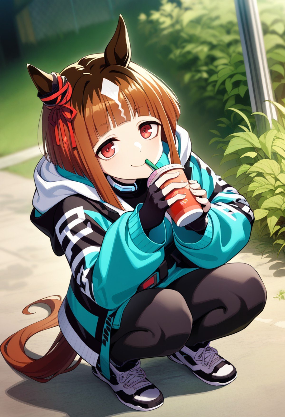 transcend \(umamusume\), holding, fingerless gloves, solo, hood down, looking at viewer, long sleeves, ear ornament, black gloves, squatting, hooded jacket, outdoors, smile, drinking straw, masterpiece, best quality, very aesthetic, absurdres<lora:UmaDiffusionXL_UAF-000010:0.7>