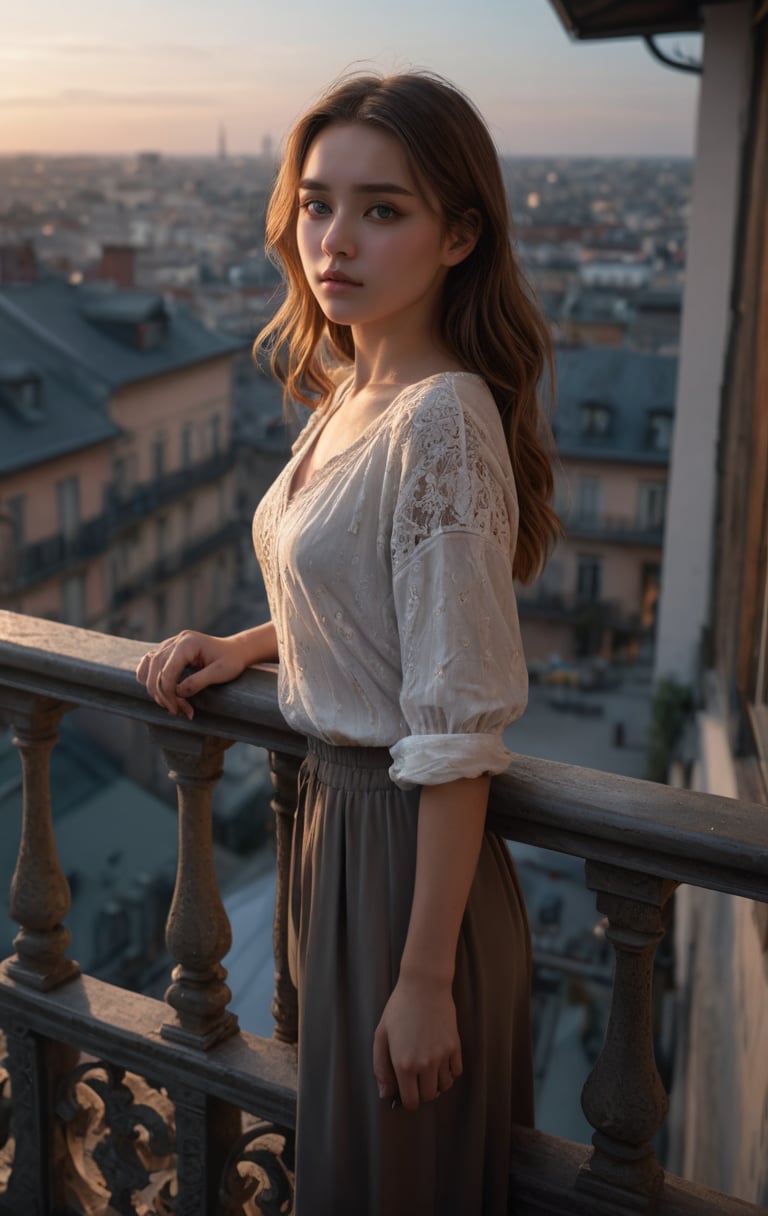 A girl, on the top floor balcony, holding on to the railing, looking at the audience,very aesthetic, highres, 4k, 8k, intricate detail, cinematic lighting, amazing quality, amazing shading, detailed Illustration, official artwork, wallpaper, official art, extremely detailed eyes and face, beautiful detailed eyes,  full body, 