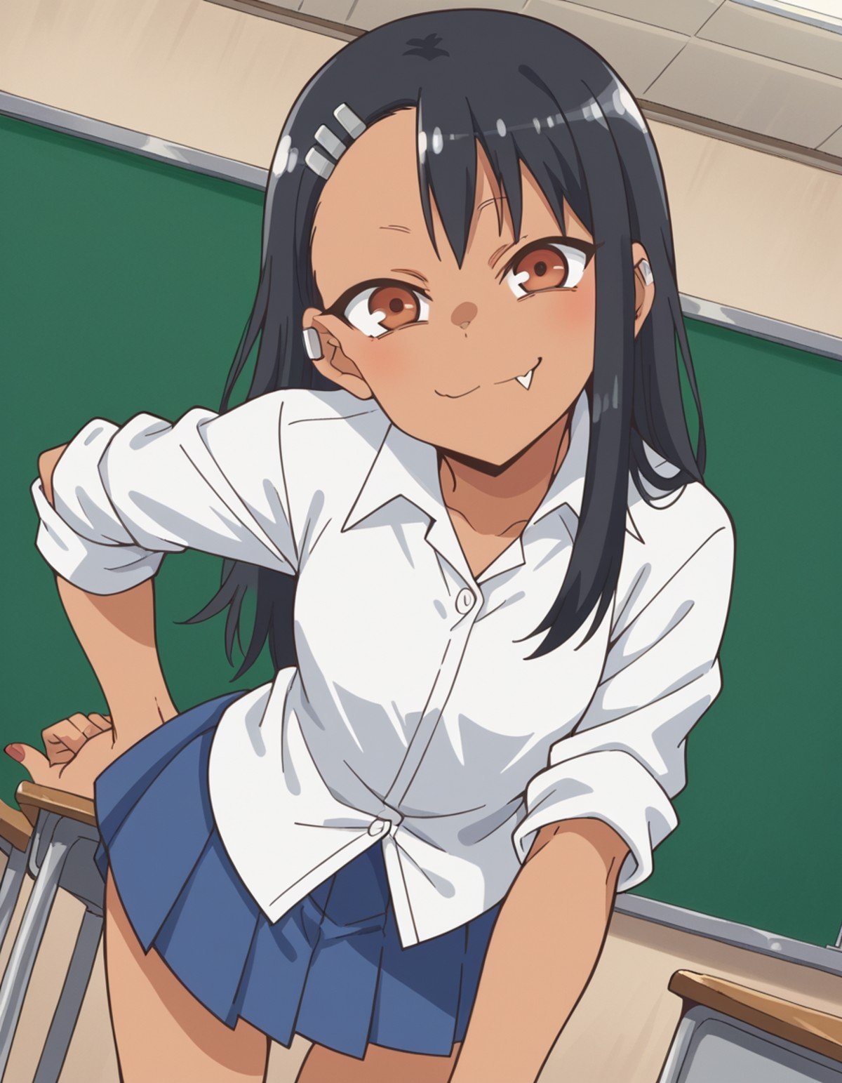 score_9, score_8_up, score_7_up, source_anime,hayasenagatoro, <lora:hayase-nagatoro-s1s2-ponyxl-lora-nochekaiser:1>,hayase nagatoro, long hair, bangs, black hair, hair ornament, brown eyes, hairclip, fang, dark skin, dark-skinned female, tan,skirt, shirt, school uniform, white shirt, pleated skirt, nail polish, blue skirt, red nails, earclip,indoors, classroom, bent over, smile,looking at viewer, cowboy shot, solo, dutch angle,