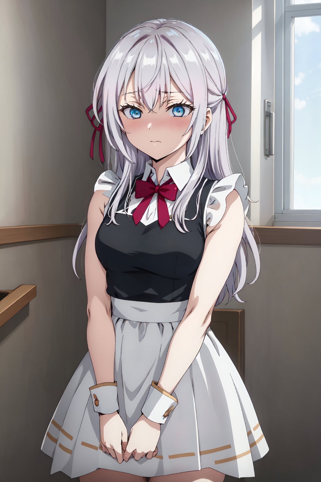 AlisaMikhailovnaKujou, 4k, absurd, high resolution, very high resolution, high definition, masterpiece, 1 girl, long hair, blue eyes, duct tape, hair ribbon, gray hair, house, inside, maid dress, v arms, blushing<lora:EMS-391416-EMS:0.900000>