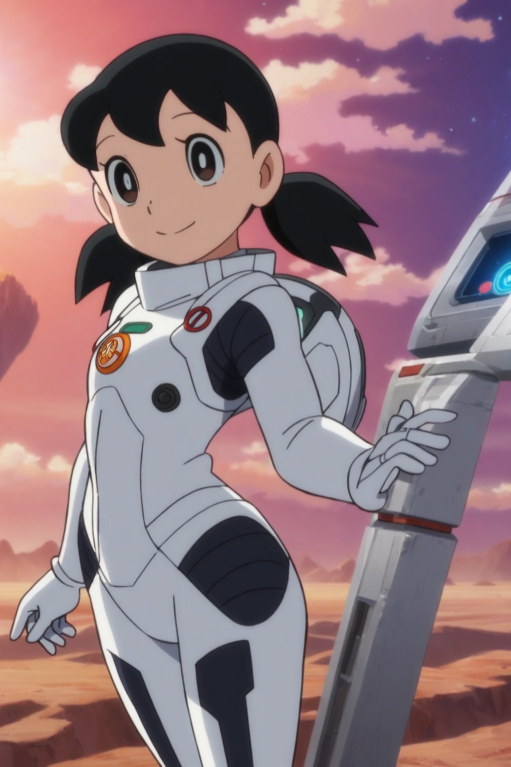 score_9, score_8_up, score_7_up, score_6_up, score_5_up, score_4_up, source_anime,minamoto shizuka, black hair, twintails, cowboy shot, 1girl, solo, smile, Girl in a spacesuit stepping onto the surface of Mars, Earth visible in the distance, vast red landscape, futuristic colony in the background, sense of wonder and exploration, epic sci-fi scene, hyper-realistic detail,masterpiece, perfect face, best quality, beautiful girl, cute girl, beautiful eyes, shiny eyes, anime coloring, anime screencap, absurdres, <lora:minamoto shizuka hask 912:0.8>