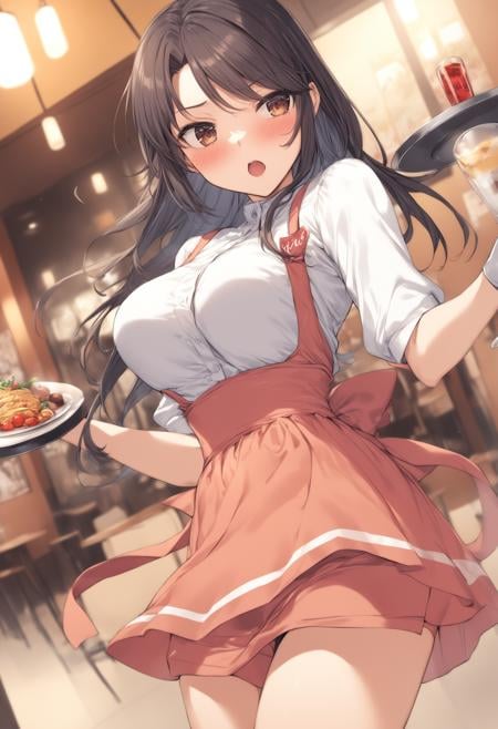 1girl, <lora:sdxl2-flat2-512b:-1>,medium breasts,solo,<lora:annamillerXLv2:0.8>,anna miller ,waitress,name tag,high-waist skirt,suspender skirt, apron,dutch angle, cinematic angle, looking to the side, contemptuous,  open mouth,restaurant,best quality,medium quality,