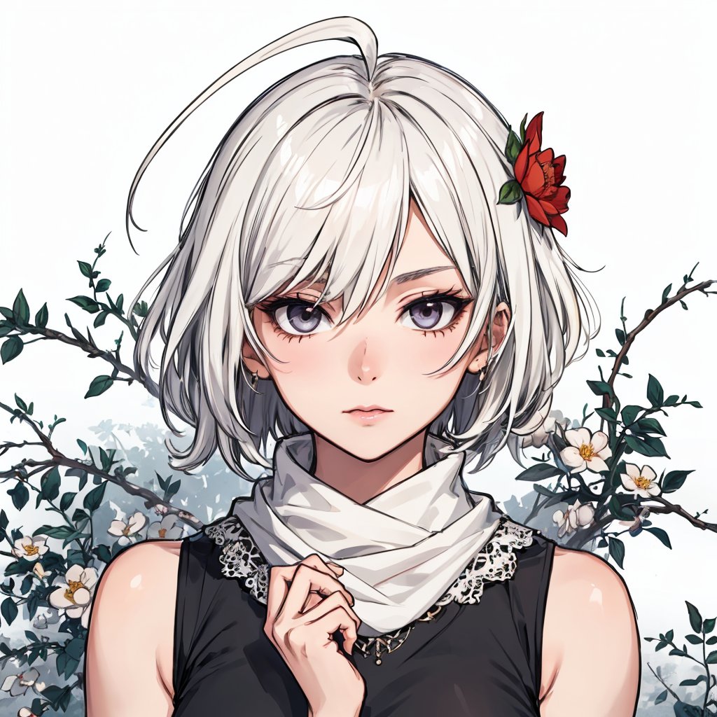 1girl, abstract, flower, leaf, vine, whitework, mature face, white hair, short hair, hair flaps, ahoge, lace tank top, scarf