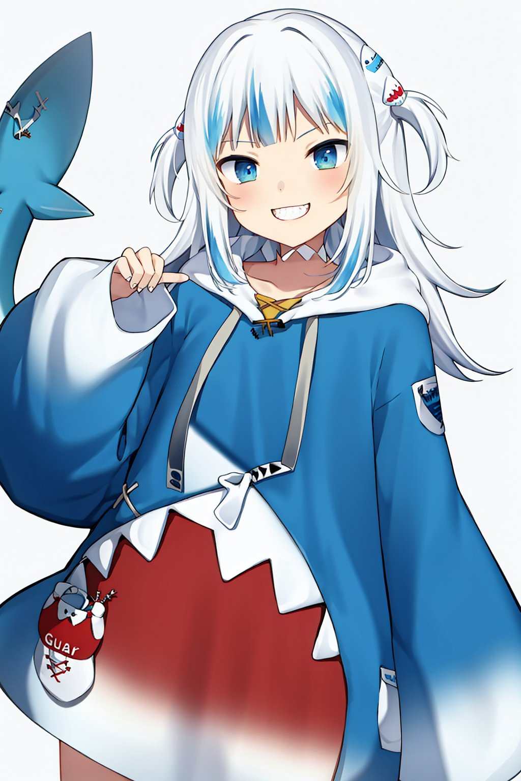 <lora:gura_v1.1-000010:0.9>,  gawr gura, gura_shark_outfit, 1girl, solo, best quality, masterpiece, highres, looking at viewer,  cowboyshot, blue shark-themed clothing with red teeth pattern, hoodie with shark teeth, shark hoodie, white hair, white headband, shark tail,  (solid white background:1.3 ), hair ornament,  smile, front view