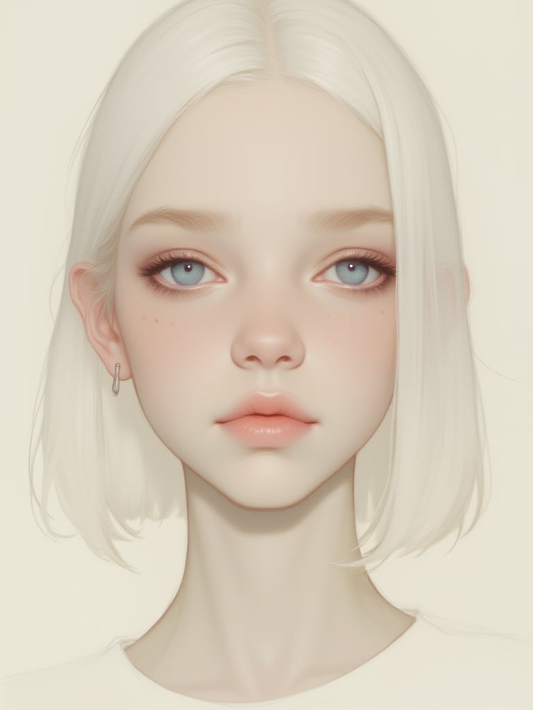 OBxiaoxiang,This is a highly detailed, digital painting of a young woman with an ethereal, almost otherworldly appearance. The subject has fair skin with a soft, smooth texture, and her facial features are delicate and refined. She has large, almond-shaped blue eyes with long, thick eyelashes, giving her a serene and somewhat distant expression. Her lips are full and slightly parted, with a natural, pinkish hue. Her hair is straight, shoulder-length, and a pale, almost white color, adding to her ethereal quality.The background is a simple, light beige color, which serves to highlight the subject and does not distract from her delicate features. The lighting is soft and diffused, creating a gentle glow that enhances the softness of her skin and the subtle details in her hair and eyes. The style of the painting is highly realistic, with attention to fine details such as the subtle blush on her cheeks and the delicate texture of her hair.The overall composition is centered on the woman's face, with minimal background elements, emphasizing her serene and enigmatic presence. The image evokes a sense of calm and beauty, making it a captivating and intimate portrait.