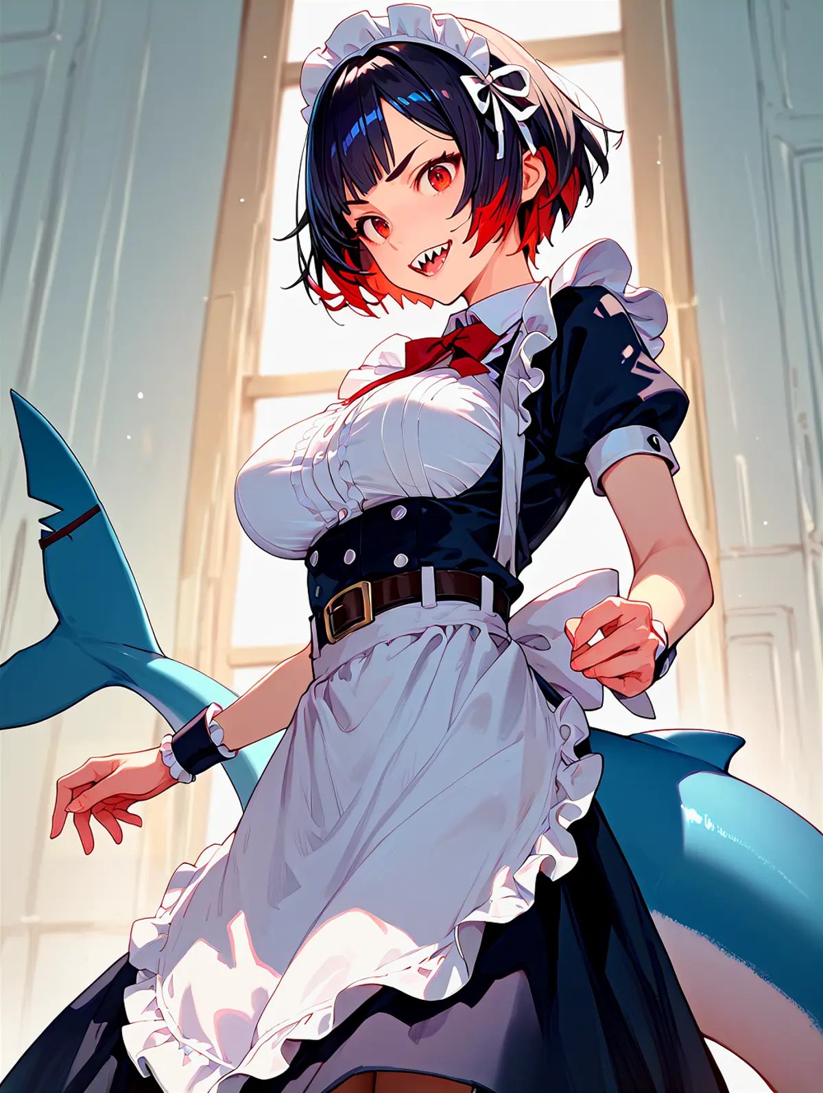 score_9, score_8_up, score_7_up, score_6_up, score_5_up, score_4_up, solo, ellen-joe-zzz,red eyes,black hair,short hair,multicolored hair, maid outfit, belt, maid headress, shark tail, sharp teeth, large breasts,, (score_9,score_8_up,score_7_up),source_anime,