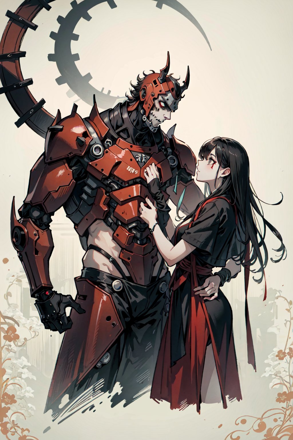 (best quality), oriental detailed background, , science fiction,mechanical arms, guro,zombie_girl with man ,monster