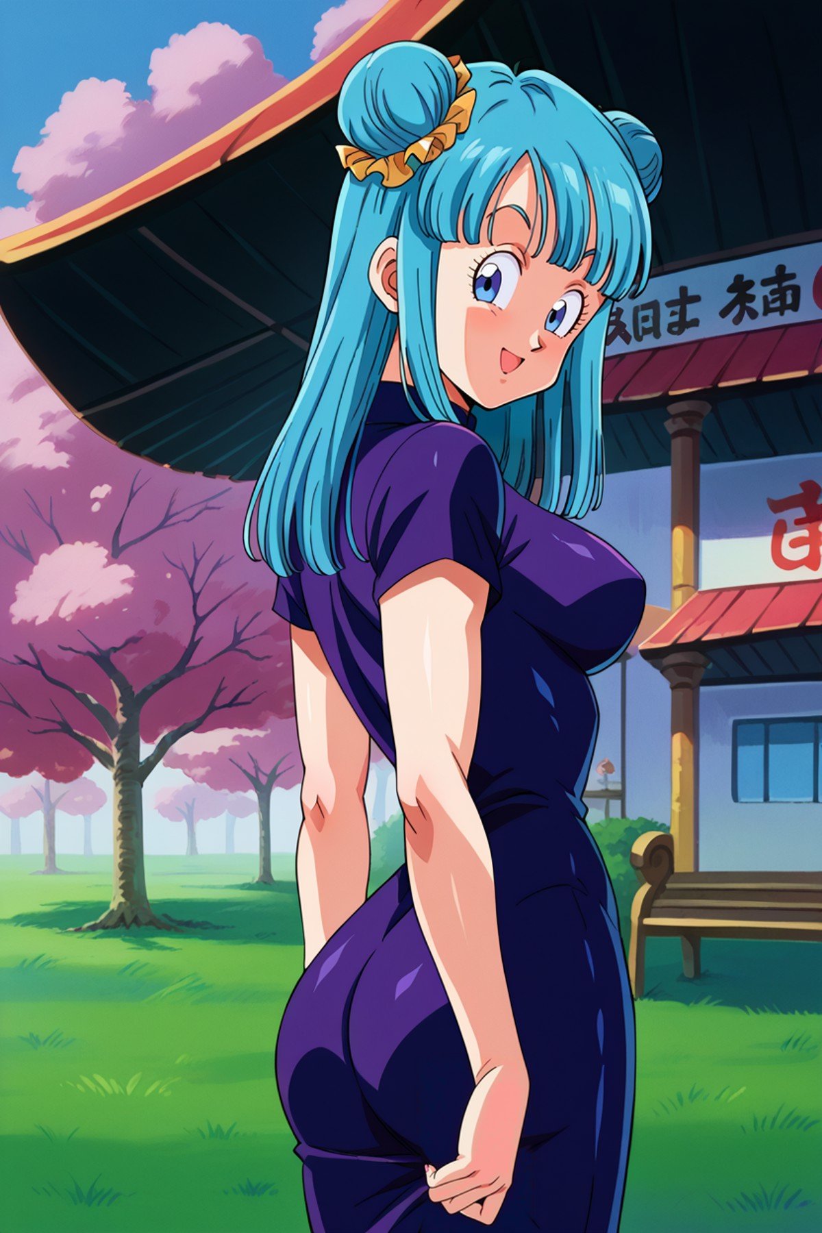 score_9, score_8_up, score_7_up, score_6_up, score_5_up,score_4_up BREAK source_anime, maron, 1girl, aqua hair, blue eyes, bangs, long hair,double bun,smile,open mouth,medium breasts,purple dress, purple qipao,outdoors,east asian architecture,short sleeves,town, looking at viewer,pink tree,from side, back  <lora:MaronPony:1> 