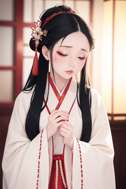 1girl,solo,long hair,black hair,hair ornament,long sleeves,holding,closed mouth,closed eyes,wide sleeves,blurry,lips,makeup,depth of field,blurry background,scar,hanfu,chinese clothes,scar on face,robe,hair stick,hair pulled back,updo,<lora:lbc_nian_2gainian_cs:0.6>,