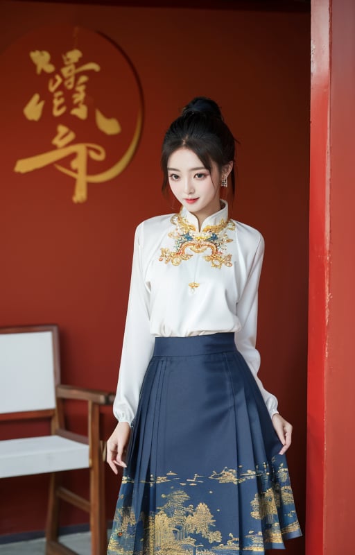 1girl,mamianqun,upper_body,white top,dark blue skirt,chinese style clothes,dark blue skirt,nice hairstyle,photo,HD,behind the red wall,good-looking girl,good figure,<lora:mamianqun:0.7>,