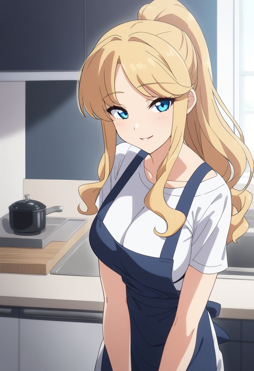 1girl, solo, mature female, long hair, wavy hair, ponytail, blonde hair, blue eyes, medium breasts, apron, white t-shirt, seductive smile, kitchen, window, simple background, anime coloring, masterpiece, best quality, very aesthetic, absurdres, anime artwork, anime style, key visual, vibrant, studio anime, highly detailed,
