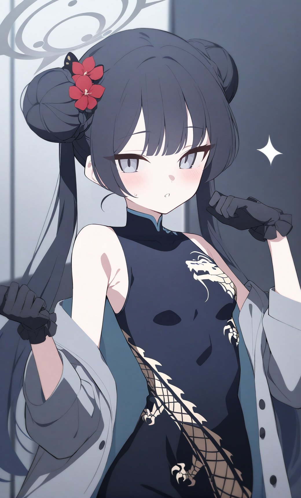 kisaki_(blue_archive) 1girl black_dress black_gloves black_hair blush coat double_bun dragon_print dress flower gloves grey_coat grey_eyes grey_halo hair_bun halo long_hair long_sleeves open_clothes open_coat parted_lips red_flower sleeveless sleeveless_dress solo twintails flat_coating clear_color highres absurdres best_quality