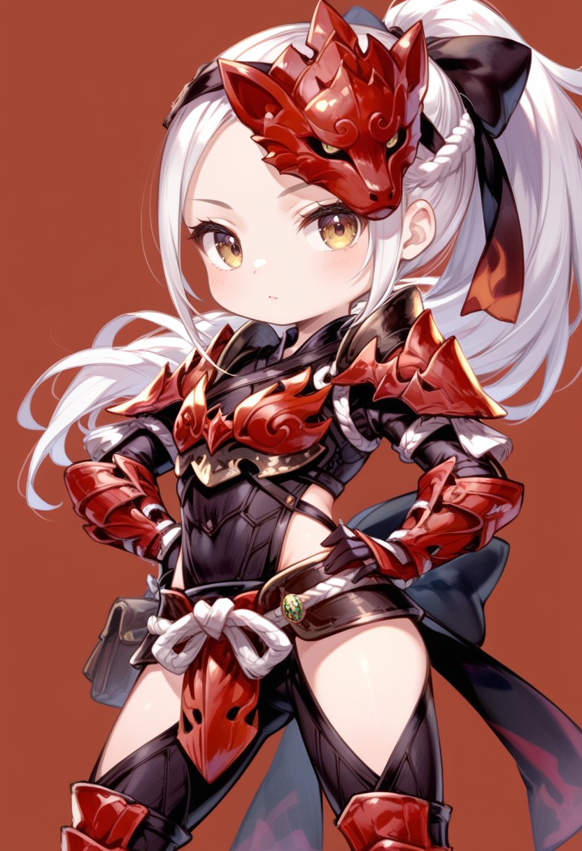 (score_9:0.9),score_8_up,score_7_up,anime style,rating_safe,(zPDXL),<lora:Odogaron Armor Beta ponyXL v1:0.7>,odogaron beta armor, red mask, red gauntlets, red thighboots, 1girl, solo, long hair, hand on hip, yellow eyes, ponytail, white hair, looking at viewer, cowboy shot, chibi