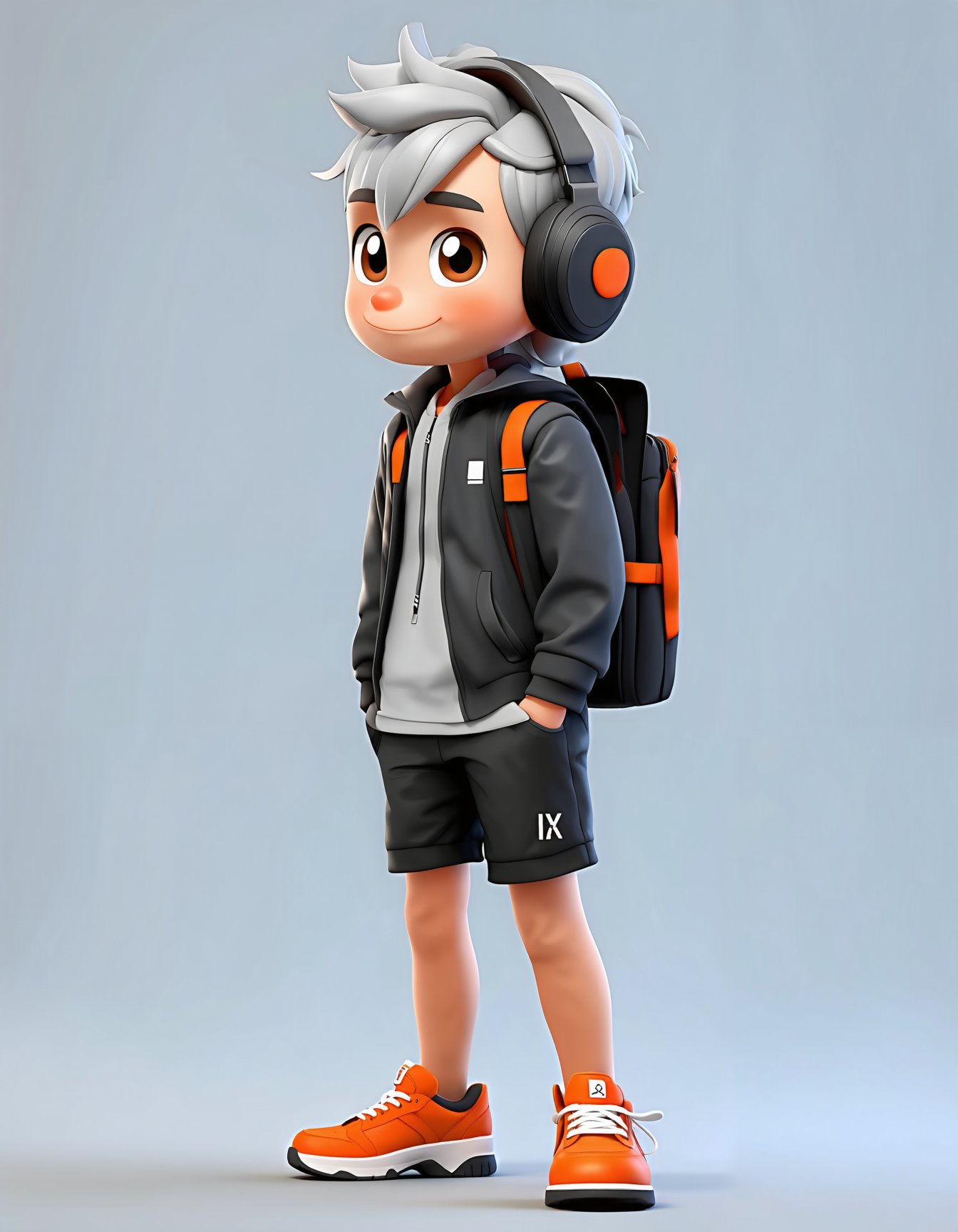 3D cartoon, cartoon style, 3D render, looking at viewer, 1boy, brown eyes, standing, jacket, full body, white hair, grey hair, male focus, shorts, shoes, bag, chibi, black shorts, headphones, backpack, sneakers, orange footwear, SD3_cartoon_ep10.safetensors