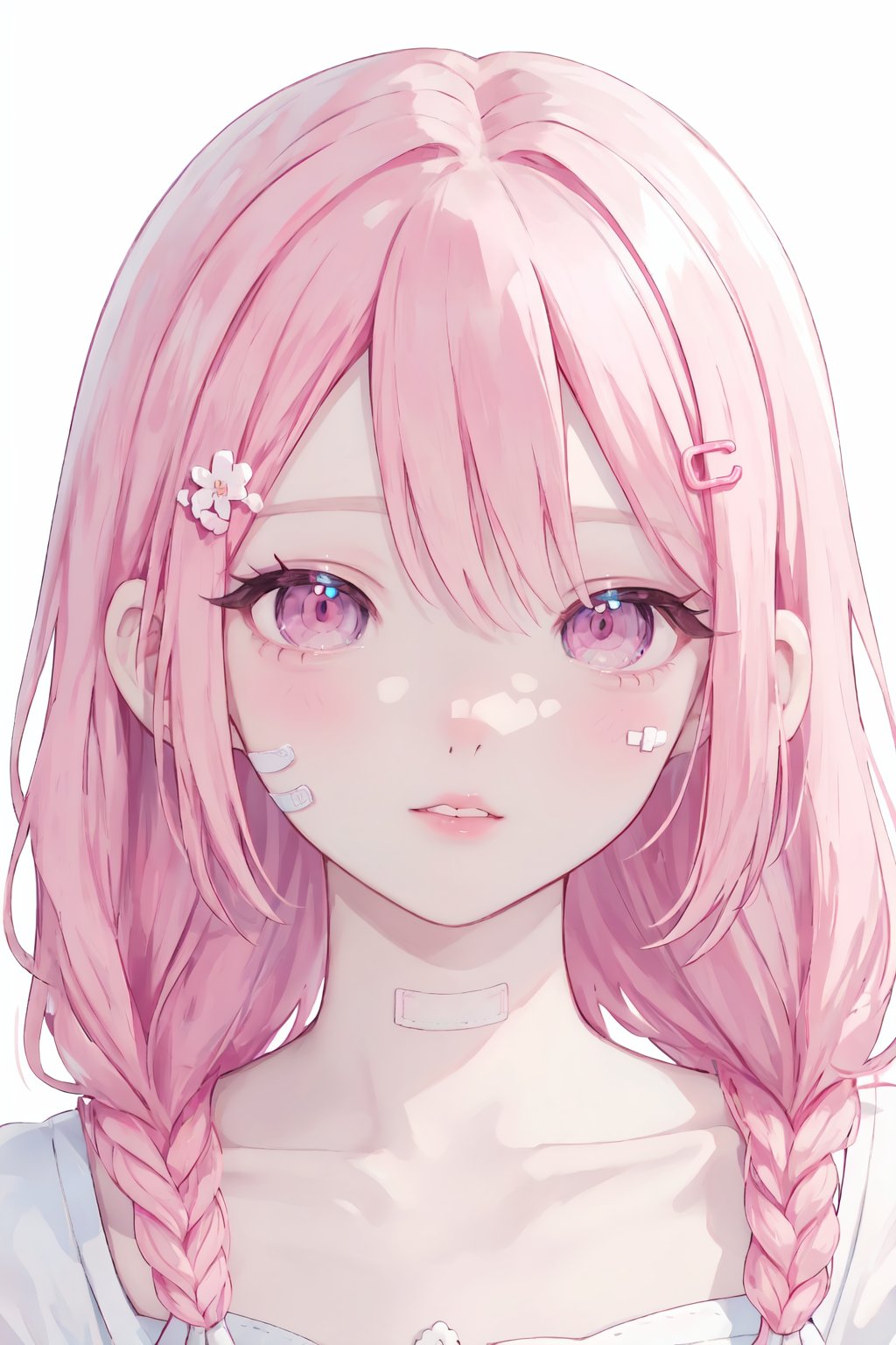 1girl, solo, pink hair, hair ornament, braid, food, looking at viewer, pink eyes, holding, portrait, twin braids, flower, pink theme, spoon, bangs, white background, parted lips, hairclip, bandaid, simple background, collarbone, hand up, eyelashes, pastel colors, to-style, beautiful eyes<lora:to-vv2-tga-000060:0.5>,to-style,beautiful eyes,