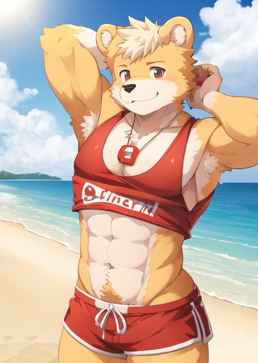 solo,kemono bear, tank top, shorts, shirt, smirk, lifeguard, extreme detail, masterpiece, hi res, high detail, detailed eyes, detailed hands, full body picture, beach background