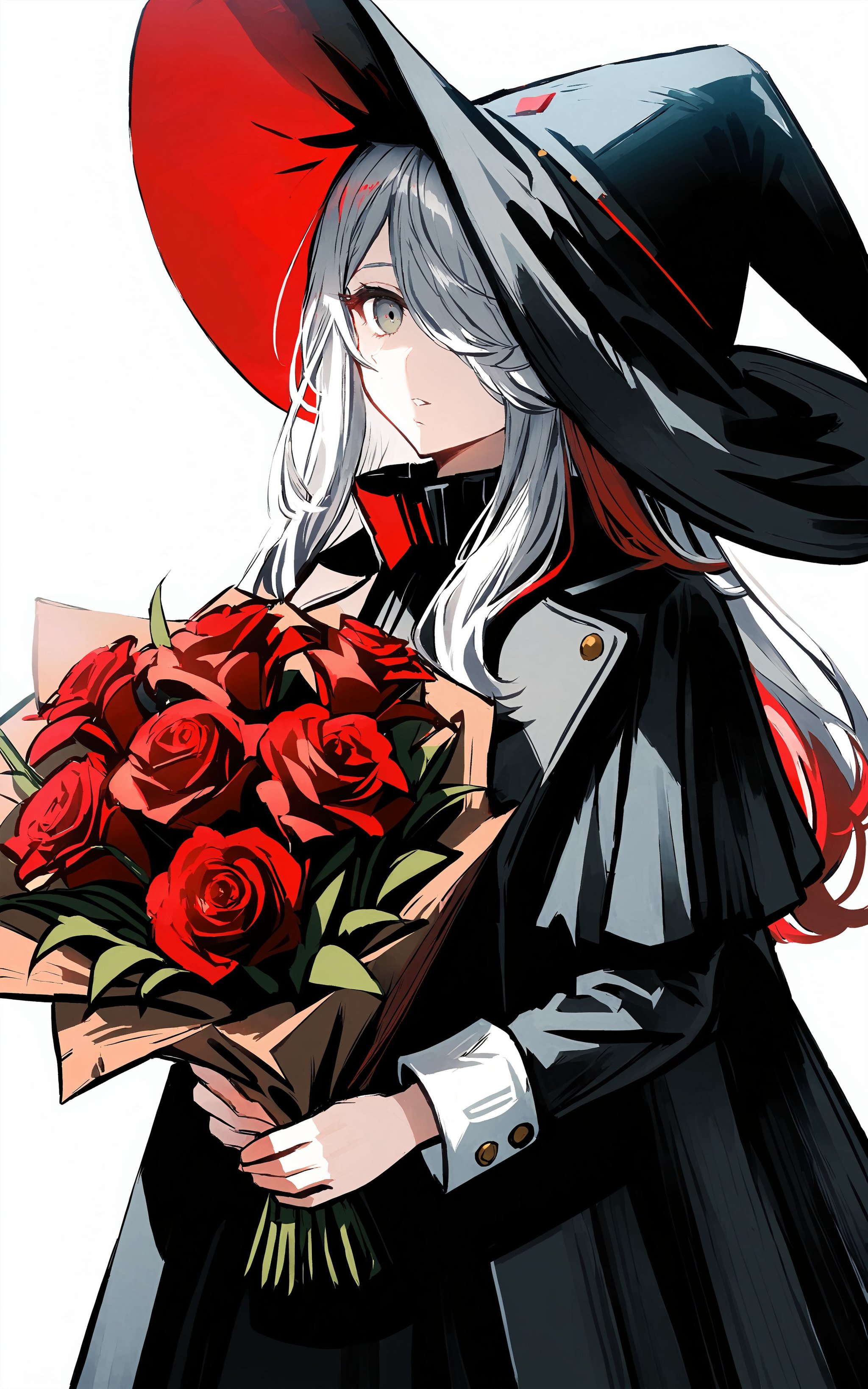 1girl, solo, hat, witch hat, flower, holding, long hair, hair over one eye, holding bouquet, bouquet, grey eyes, simple background, white background, black dress, multicolored hair, dress, red hair, long sleeves, black headwear, coat, parted lips, white hair <lora:XLTEST 06:0.75>