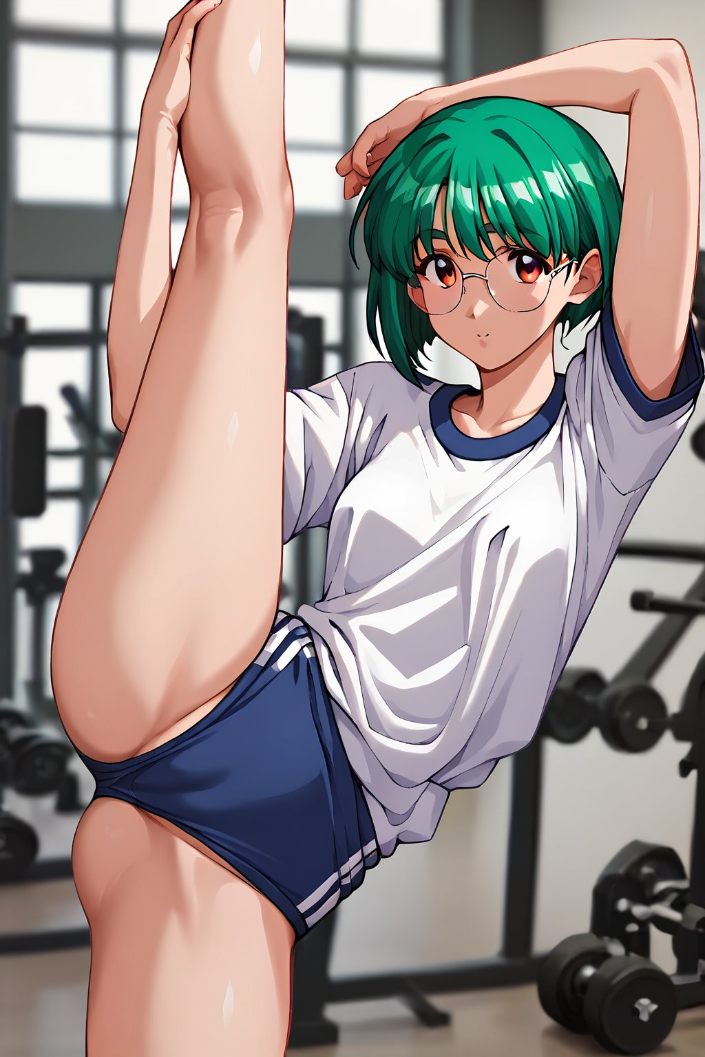 score_9, score_8_up, score_7_up, score_6_up, score_5_up, score_4_up, source_anime,akiyama midori, glasses, green hair, short hair,1girl, solo, gym uniform, gym, standing split, looking at viewer,masterpiece, perfect face, best quality, beautiful girl, blurry background, cute girl, beautiful eyes, shiny eyes, anime coloring, anime screencap, absurdres, <lora:akiyama midori anyt 905:0.8>