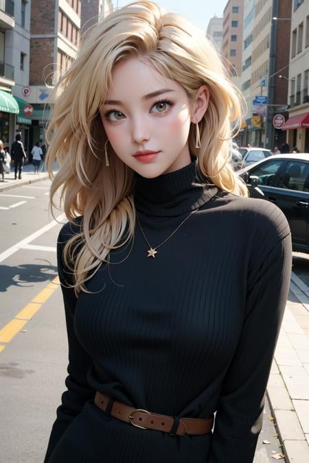 masterpiece, best quality, 1girl, shiny skin, cinematic lighting, medium breasts, looking at viewer, messy hair, blonde hair, yellow eyes, solo, autumn, outdoors, smile, blush, windy, black sweater dress, ribbed, knit, turtleneck sweater dress, black pantyhose, walking, city, shopping, dynamic angle, close-up, ultra-detailed, 8k, rtx, ambient occlusion, rim lighting, bustling,