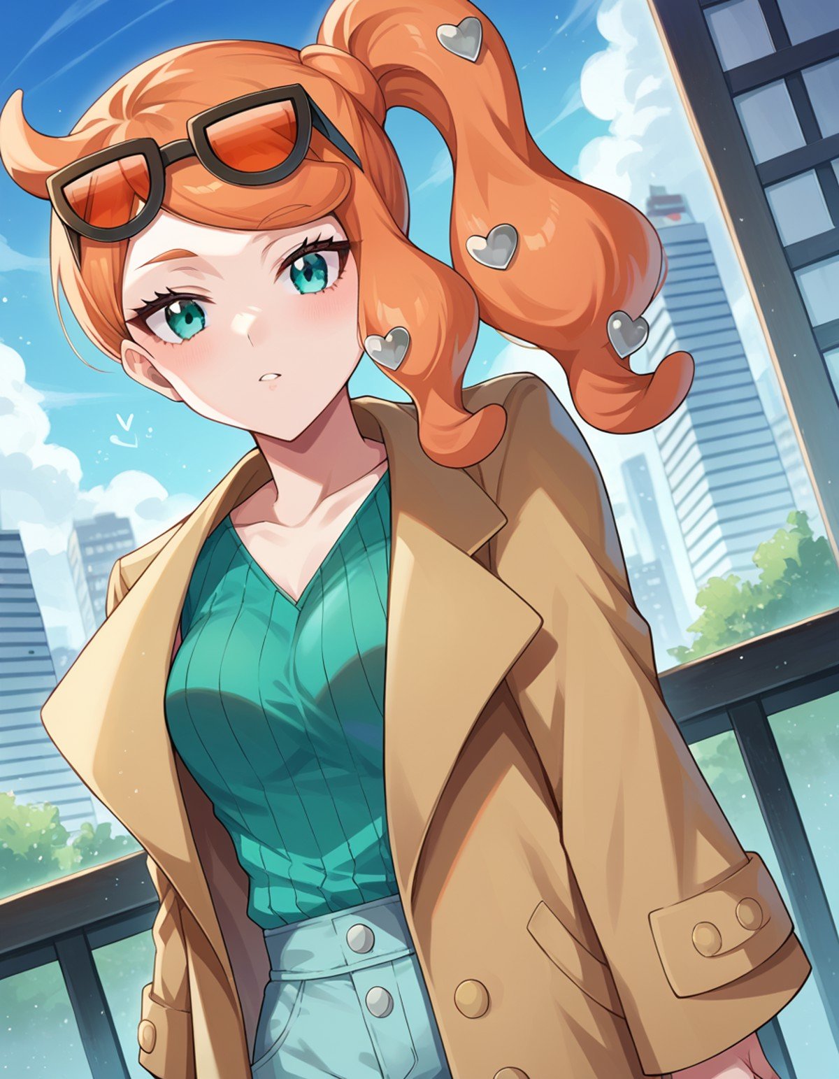 score_9, score_8_up, score_7_up, source_anime,pokemonsonia, <lora:pokemon-sonia-ponyxl-lora-nochekaiser:1>pokemonsonia, aqua eyes, heart, heart hair ornament, long hair, long sleeves, orange hair, side ponytail, swept bangs,aqua footwear, aqua nails, aqua shirt, brown coat, brown jacket, coat, collarbone, eyewear on head, jacket, long sleeves, orange-tinted eyewear, pants, ribbed shirt, shirt, sunglasses, tinted eyewear,outdoors, cityscape,looking at viewer, cowboy shot, dutch angle,