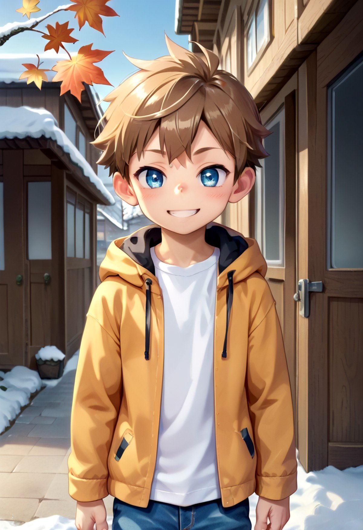 score_9, score_8_up, score_7_up, detailed eyes, autumn leaf, snowy, village, BREAKstraight on shot, standing,  <lora:PerfectEyesXL:0.8> perfecteyes,<lora:cutifiedanimecharacterdesign_variant_type_E_PonyXL_v10:0.7> 1boy, type-e, brown hair, shirt,  petite, young, solo, anime  style,grin 