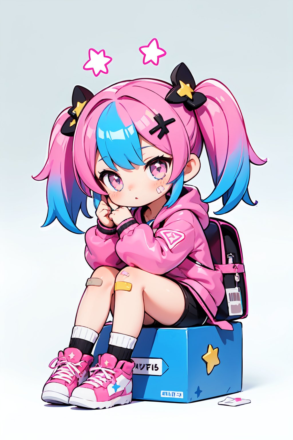 cinematic light,chibi,1girl,bag,backpack,solo,multicolored hair,shorts,star \,(symbol\),blue hair,hood,sitting,pink hair,star hair ornament,head rest,socks,pink footwear,black shorts,hair ornament,full body,boots,bandaid,gradient,twintails,jacket,