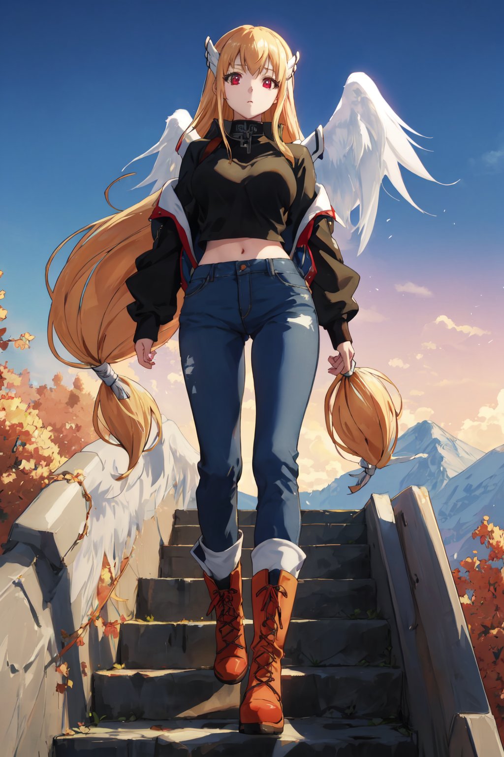 <lora:Astraea-000009:0.8>,Astraea CYQL,1girl,looking at viewer,solo,blonde hair,long hair,very long hair,low-tied long hair,red eyes,collar,chain,breasts,wings,angel wings,head wings,Turtleneck sweater, high-waisted jeans, and ankle boots,blush,upper_body,Tiered along the mountain slopes, these steps of earth resemble a staircase for giants, dressed in tender green during spring and turning golden in autumn,beautiful detailed sky,beautiful detailed glow,posing in front of a colorful and dynamic background,masterpiece,best quality,beautiful and aesthetic,contrapposto,female focus,wallpaper,