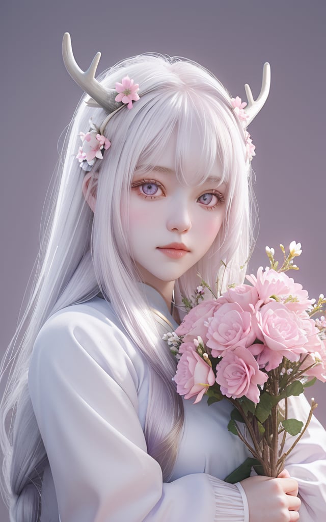 1girl,She has snow-white skin, long silver white hair, and deep purple eyes.Her head was adorned with pink flowers and a pair of blue deer antlers. Thebackground is a light pink tone