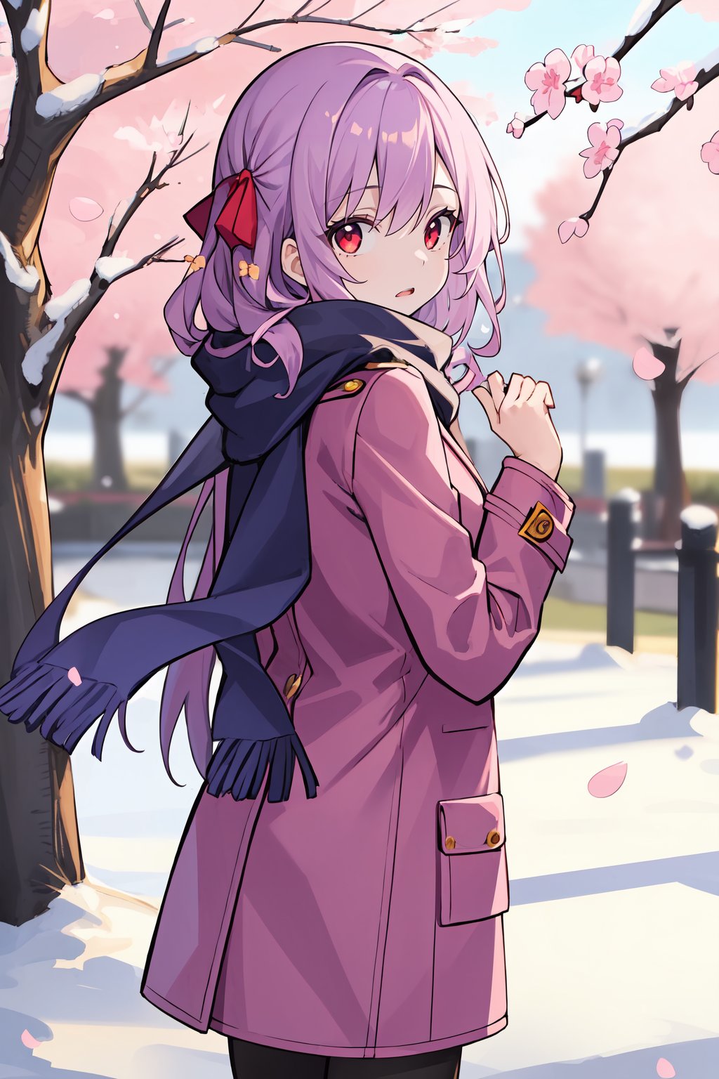 1girl, , back, cherry blossoms, coat, cold, hair ribbon, hand up, long hair, looking at viewer, open mouth, pink coat, purple hair, red eyes, ribbon, scarf, solo, standing, winter, winter clothes, 