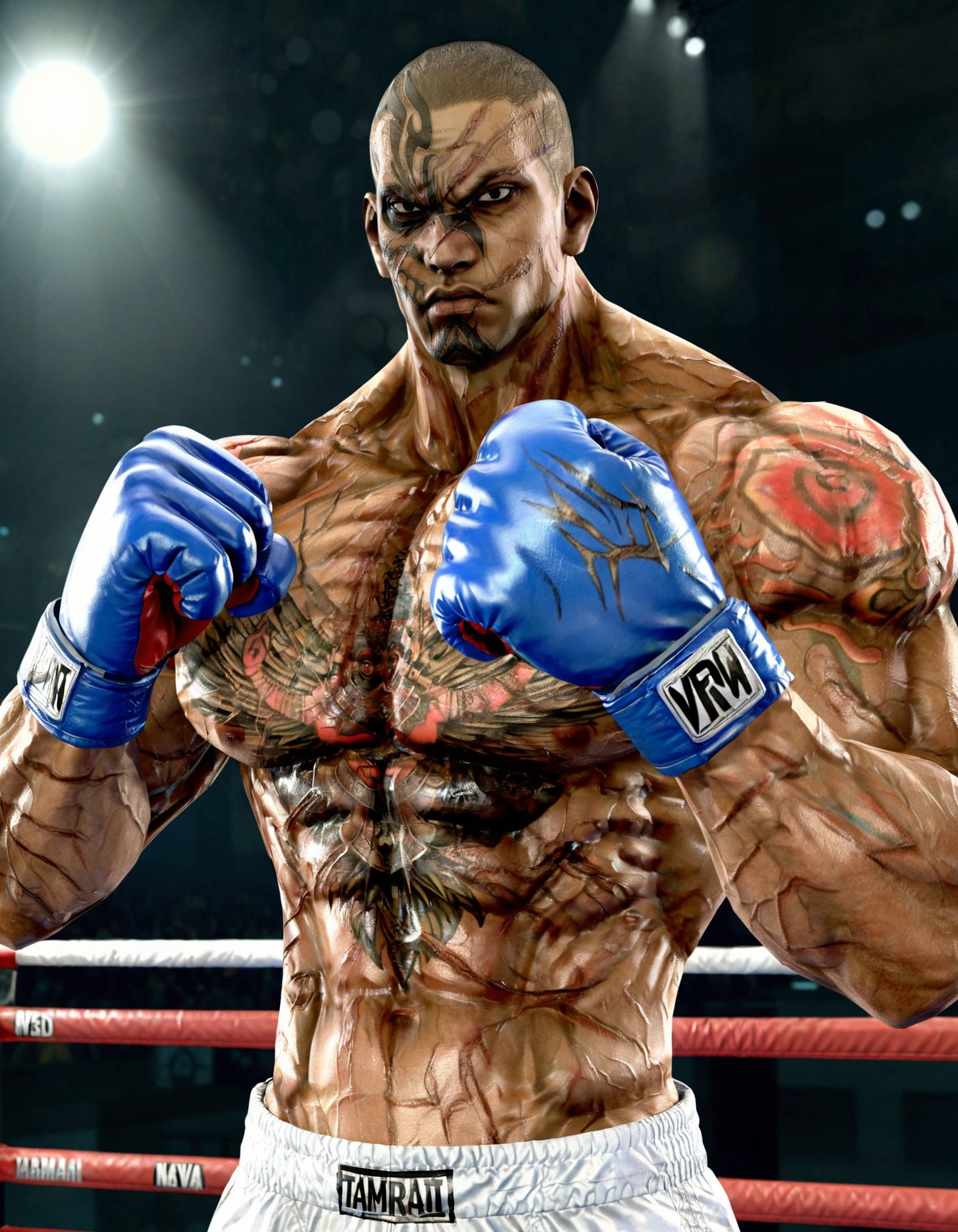 anatomically correct, solo, fahkumramsd, scar, tattoo, very dark skin, dark-skinned male, muscular, bodybuilder, huge pectorals, huge biceps, shiny skin, |  zPDXLxxx, blue boxing gloves, boxing pants, muay thai, dynamic pose<lora:Fahkumram-T5kagALM:1>