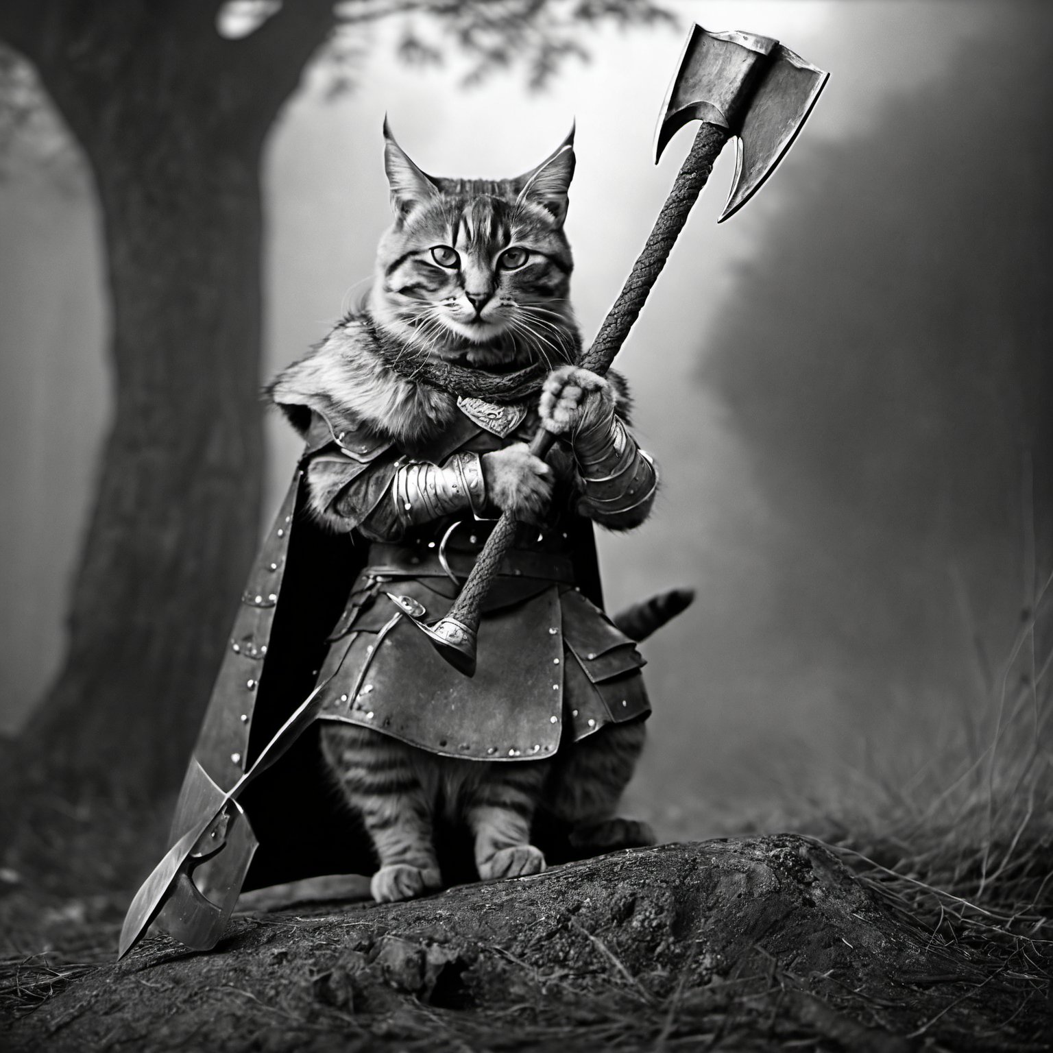 smirk, photograph, Direct light, Ilford FP4 125, triadic colors, Orton effect, Ethereal Lighting, Viking Warrior Cat, in Supersized warrior outfit, holding an axe, Lustful, aw0k cat