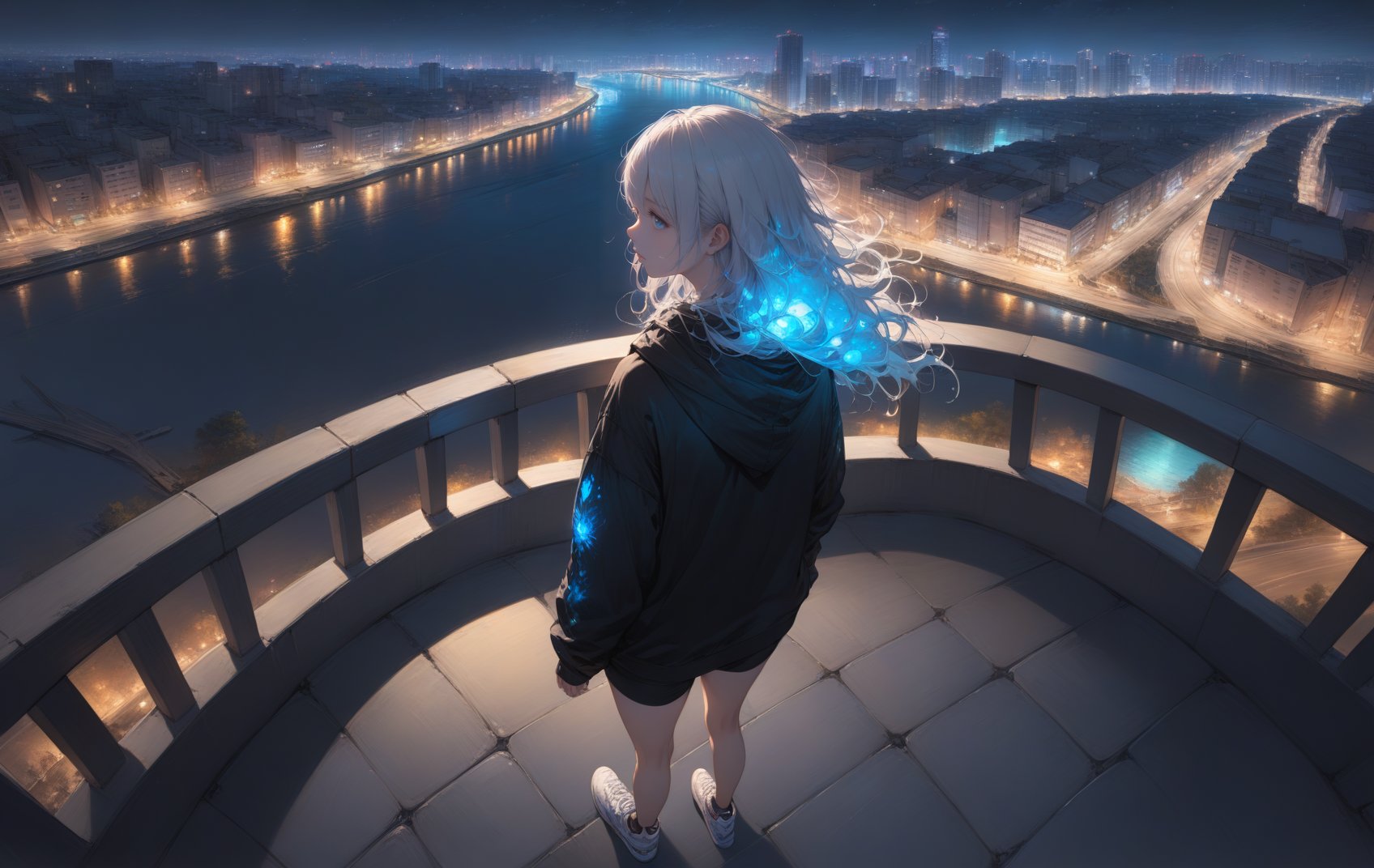 8k,((best quality)),((masterpiece)),high_res,realistic,(from above:1.2),(full shot:1.4),cowboy shot 1 girl,solo,mature,on the balcony,mutlicolor hair,black sport shirt,white shorties,sneakers,background,(river, night city),background,bioluminescent,HDR,Deph Of Field,DOF,dynamicpose,perspectives, <lora:aesthetic_anime_v1s:1.2>