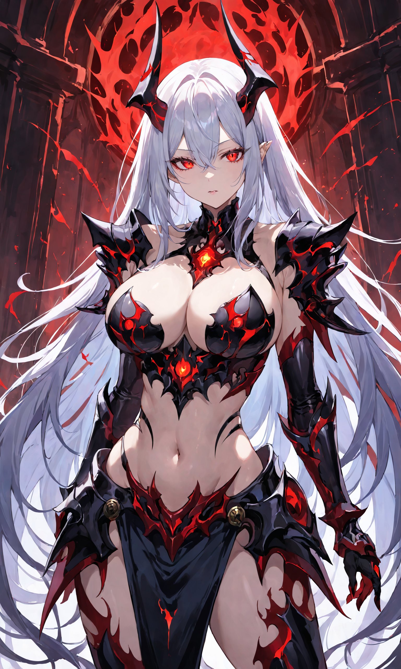 1girl, solo, long hair, breasts, looking at viewer, large breasts, red eyes, navel, cleavage, standing, white hair, horns, armor, clothing cutout, glowing, glowing eyes, spikes, colored sclera, black sclera, navel cutout, aura, dark persona, corruption,, masterpiece, best quality, score_9, score_8_up, score_7_up, ultra-detailed,