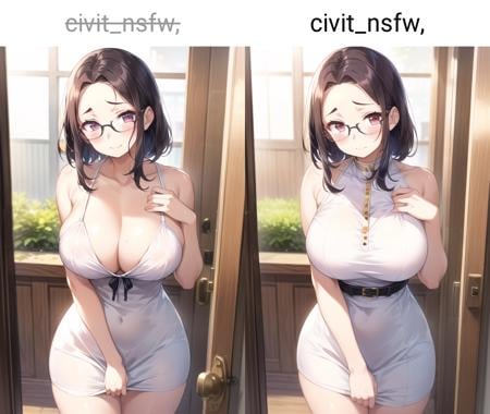 <lora:add_brightness:0.5><lora:add_detail:0.5>1 woman, large breast, embarrassed ,blush:1.1, forehead,  black hair,  glasses,decoration white dress, cowboy shot pov,straight-on,