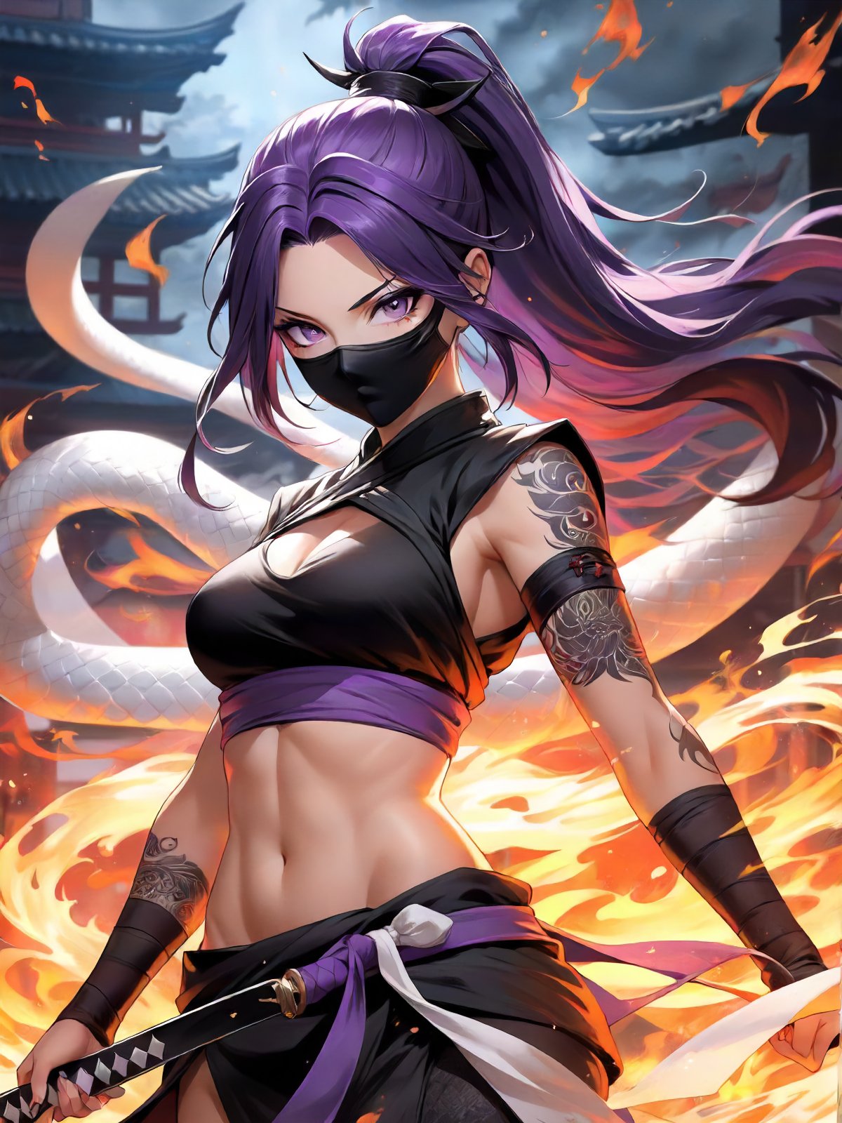 masterpiece, projecting a commanding presence, meditative, mythical, ink scenery, parchment, Manga Style, (ninja gilr), beautiful face, beautiful eyes, black eyes, dark purple hair, hair over eyes, Clear, beautiful purple eyes, many colors, split-color hair, long hair, Tight and bewitching body, high ponytail, thin pubic hair, Bewitching Tattoos, oily skin, (black mask), Seriousness of character, A female ninja, defending herself with a sword, a giant white snake, a vindictive demon, and flames all around,